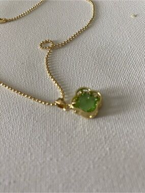 Gold Necklace with Green Glass Clover Pendant